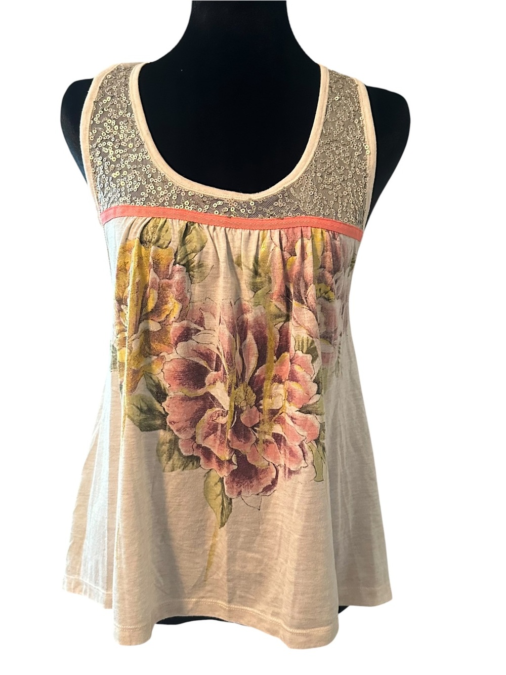 Rewind Cream Floral Sequin Scoop Tank with Coral Band